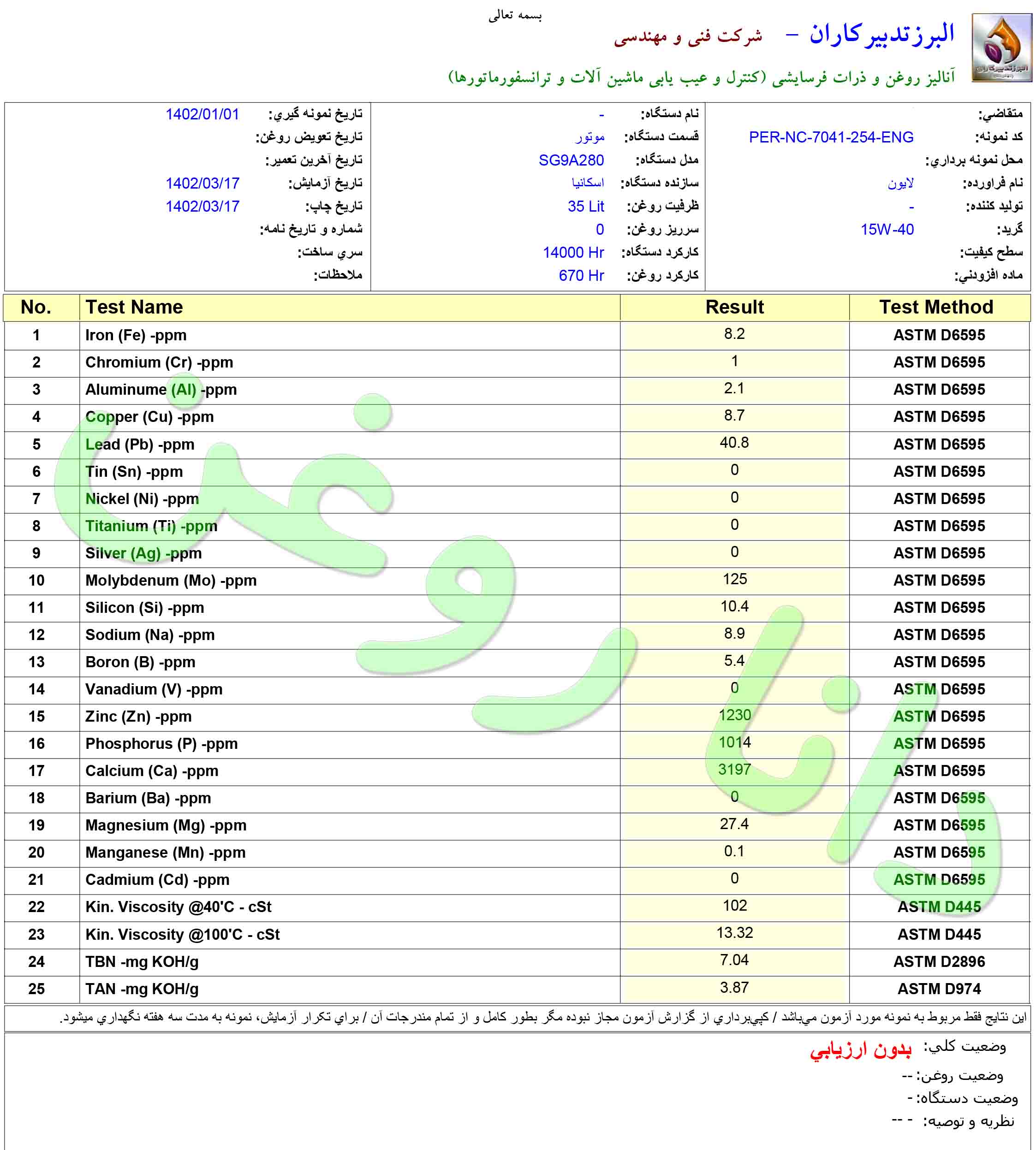  -- دانا یدک -- البرز تدبیر کاران -- آنالیز روغن کارکرده لایون گلوبال دیزل گرید 15-40 در موتور گازسوز اسکانیا