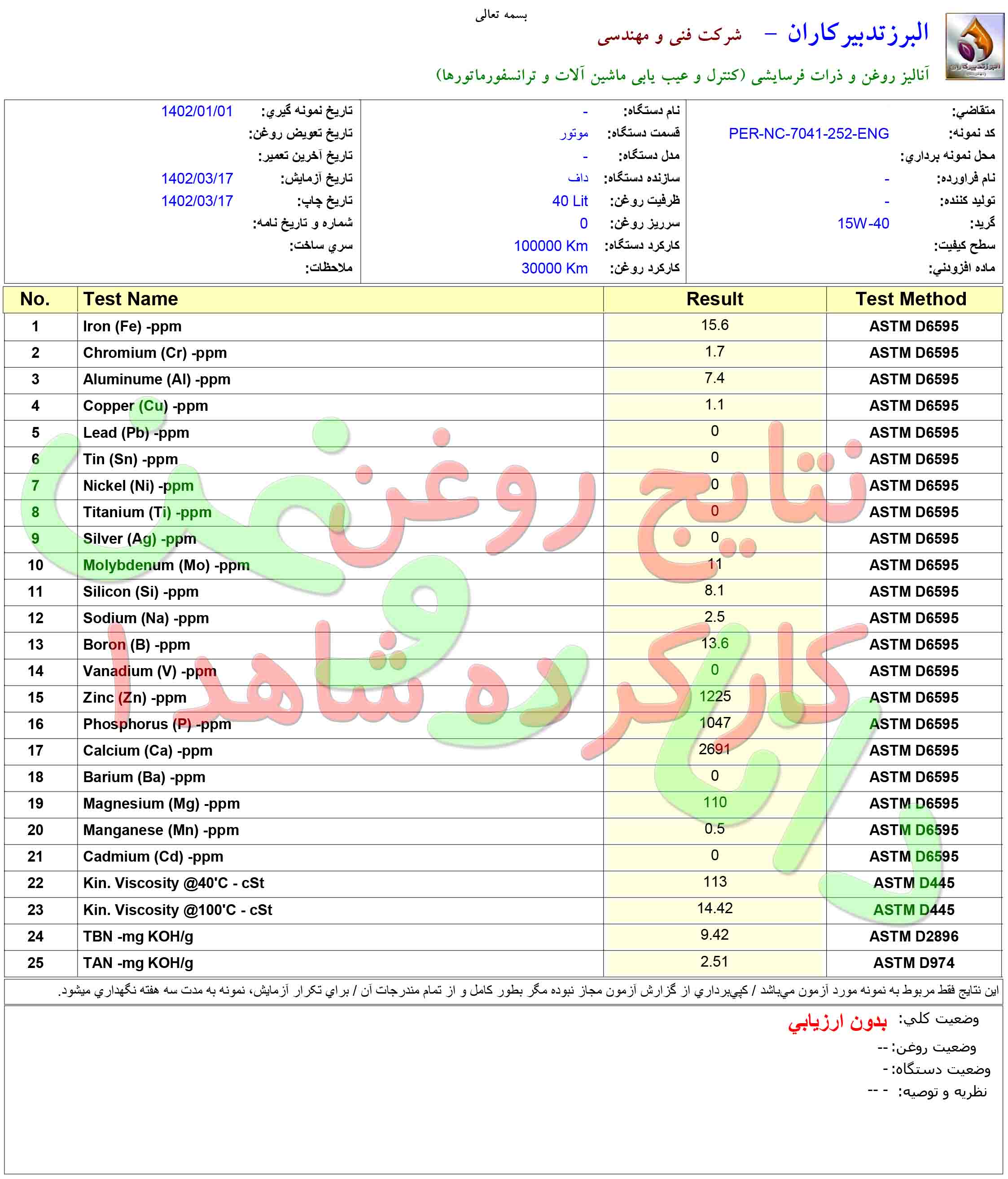 آنالیز روغن کارکرده ی پاسارگاد گرید 15-40 بر روی کشنده ی داف بعد از پیمایش 30 هزار کیلومتر -- البرز تدبیر کاران -- دانا یدک