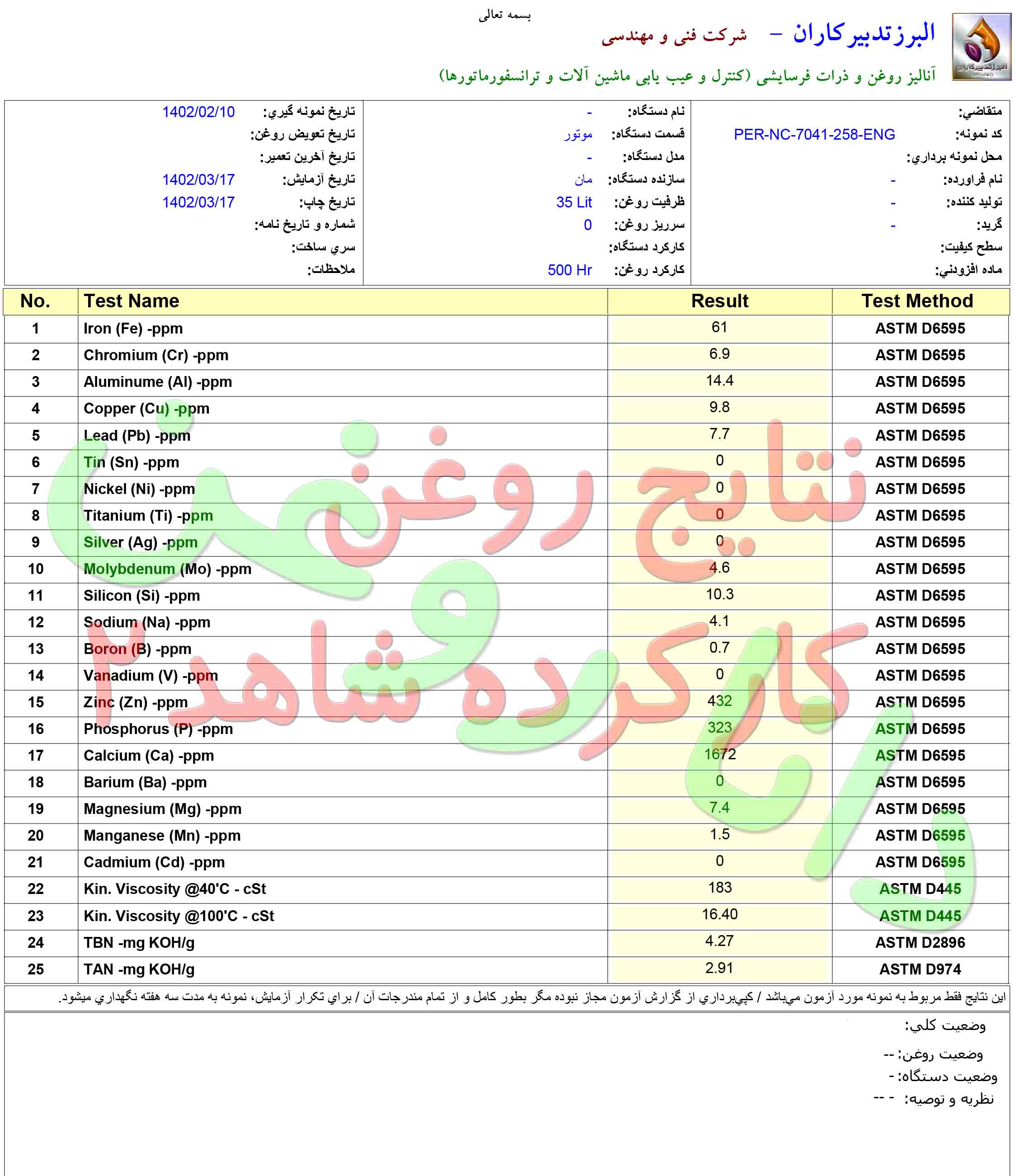 آنالیز نمونه روغن کارکرده ایرانول تک گرید 40 مخصوص موتورهای دیزل گازسوز بر روی موتور 12 سیلندر مان ژنراتور البرز تدبیر کاران - دانا یدک