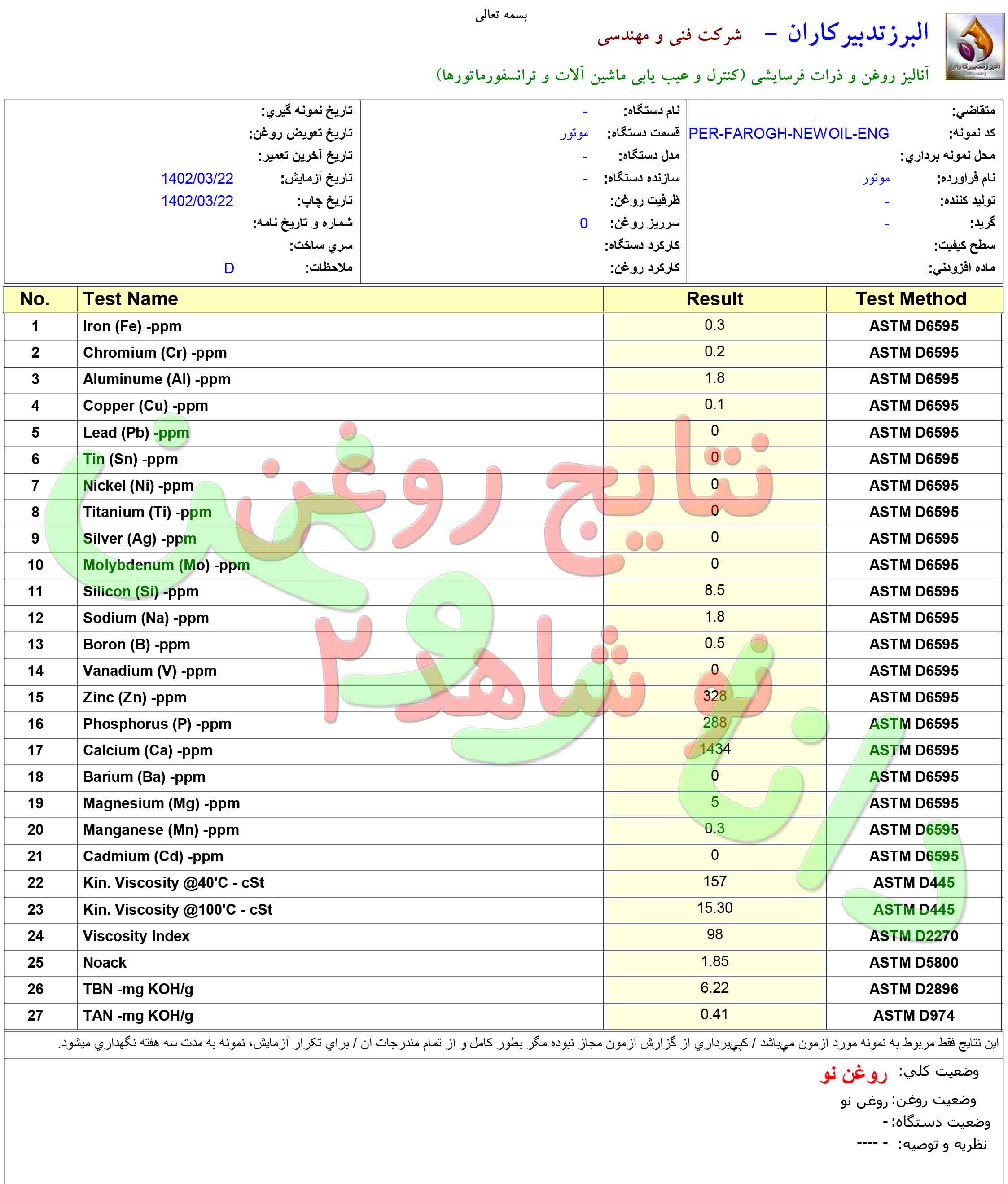 آنالیز نمونه روغن نو ایرانول تک گرید 40 مخصوص موتورهای گازسوز  G.I.C.X-LA -- البرز تدبیر کاران دانا یدک 