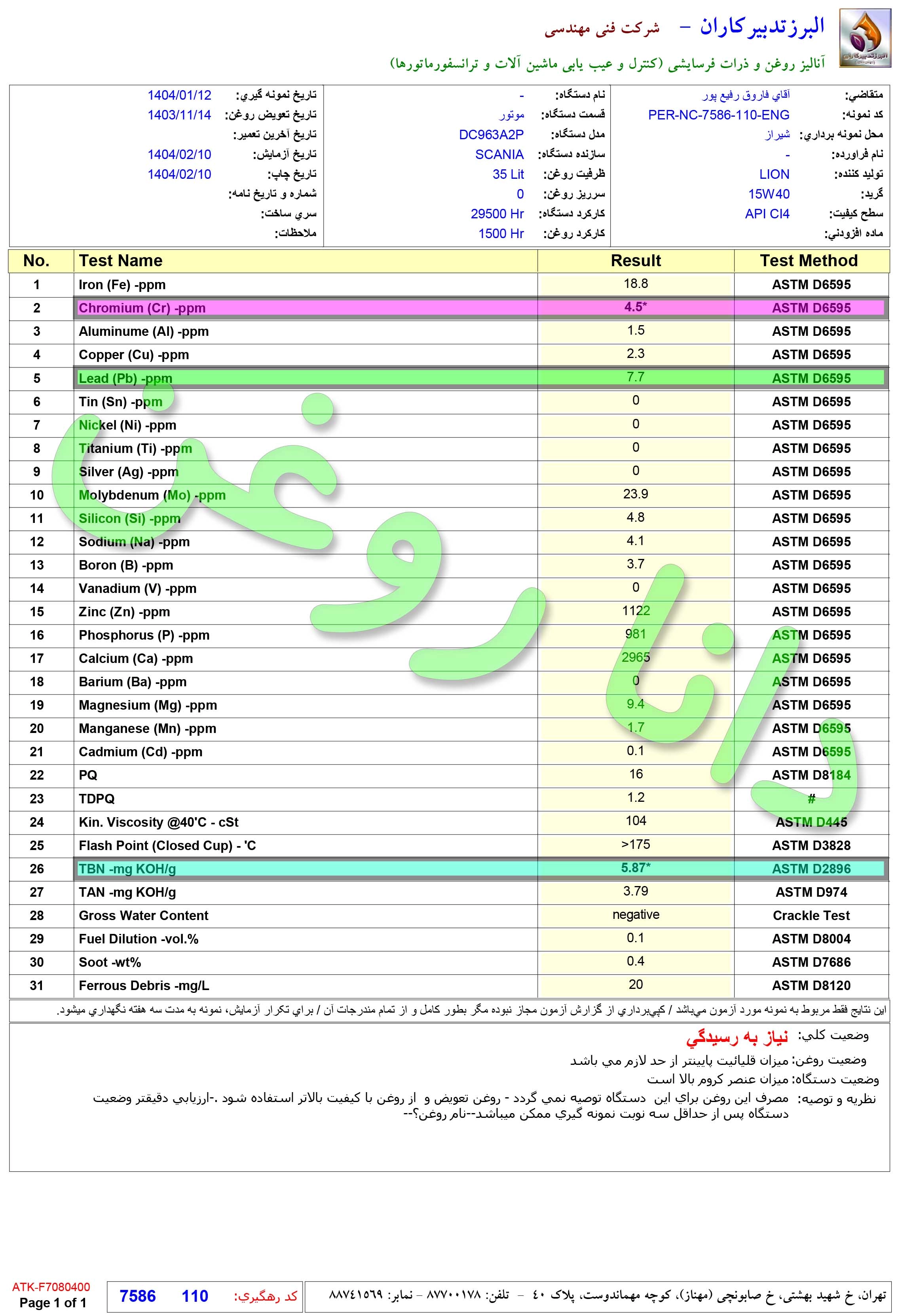 ازمایش روغن دیزل ژنراتور اسکانیا در 1500 ساعت کار با افزودن مکمل روغن راونول آلمان
