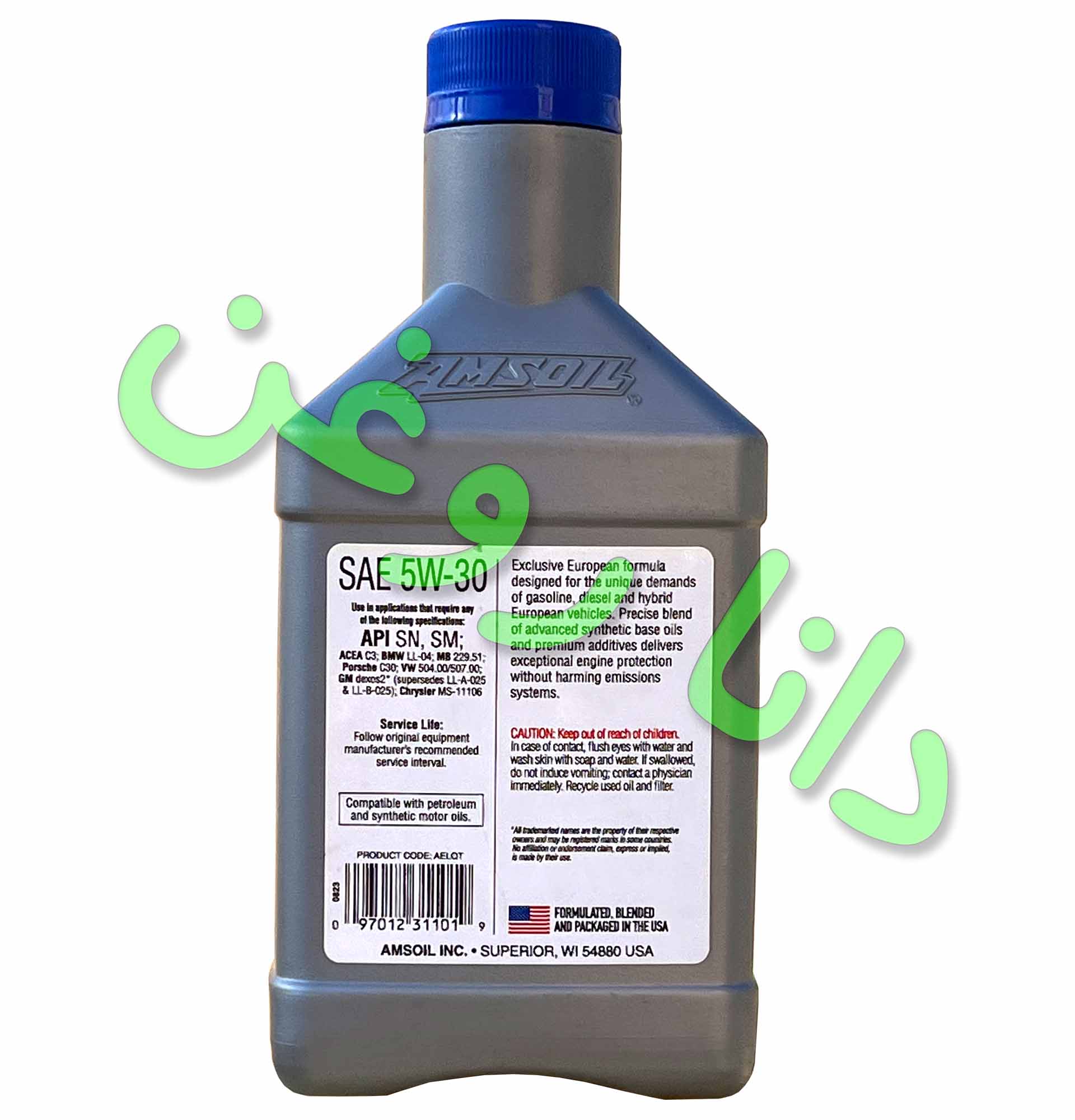 روغن موتور (1 لیتری)100 درصد فول سنتتیک اَمزویل AMSOIL (امس اویل) مدل European Car Formula گرید 5W30 با سطح کیفی API SN (لو سَپس) استاندارد ACEA C3 اروپا