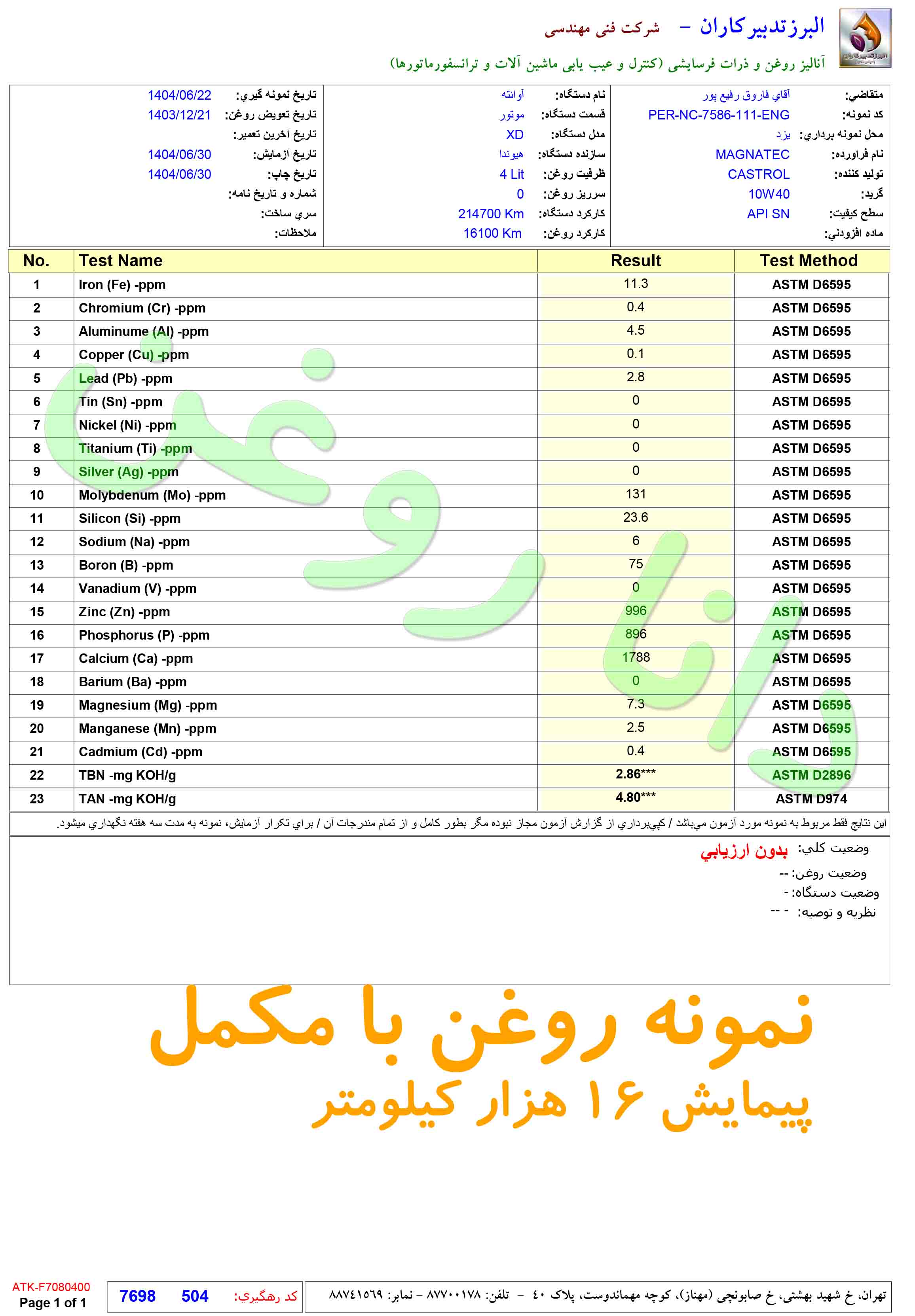 آزمایش روغن کاسترول با مکمل راونول در 16 هزار کیلومتر