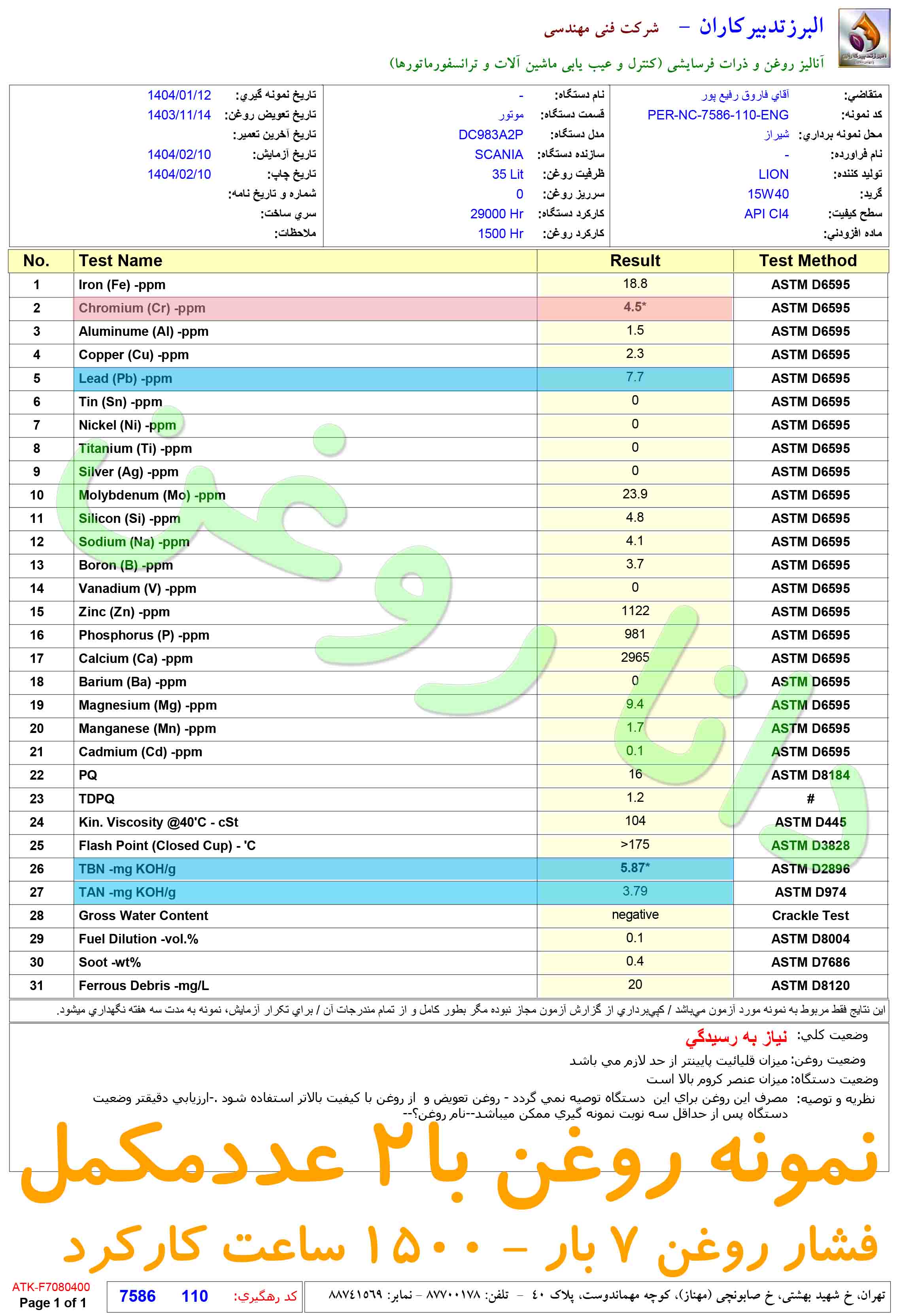 آزمایش روغن لیون با مکمل راونول در ژنراتور اسکانیا در 1500 ساعت کارکرد با